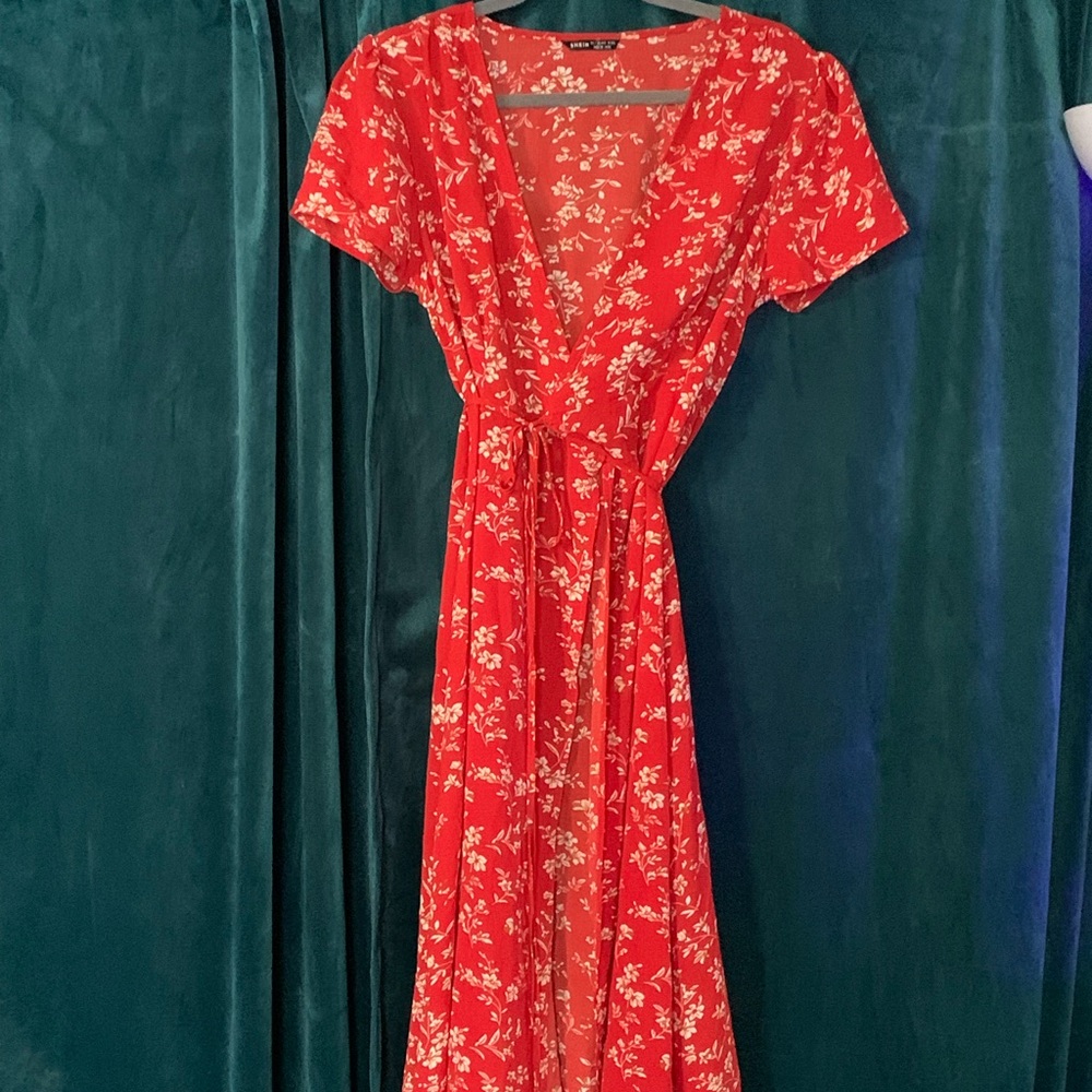 SHEIN Red Floral Retro Wrap Dress